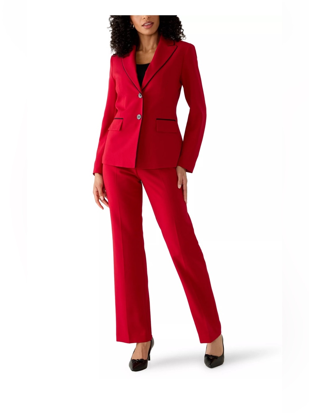 Le Suit Petite Two Button red Jacket with Contrast Piping & Fly Front Pant 8P